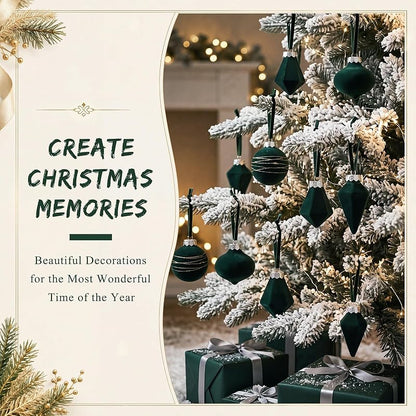Green Velvet Christmas Ball Ornaments - 24pc Shatterproof Flocked Xmas Decorations (Variation: Green+24)