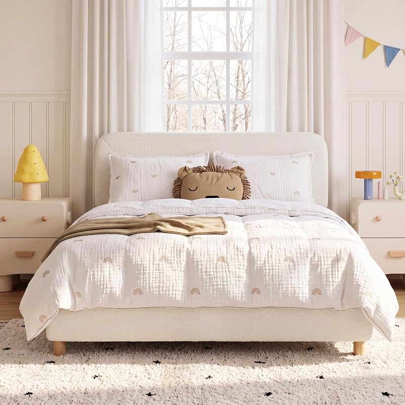 Full Size Upholstered Cloud Bed Frame with Boucle Cream, Height-Adjustable Headboard