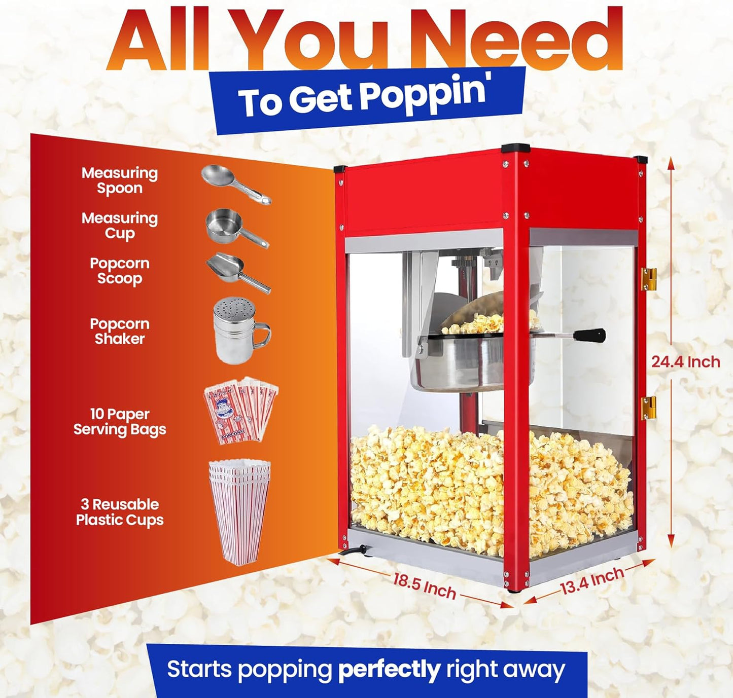 Popcorn Machine - Electric Popcorn Popper With Stainless Steel Kettle & Accessories | Theater Style | 1500W | Red, 8 oz (64 Cup Capacity)