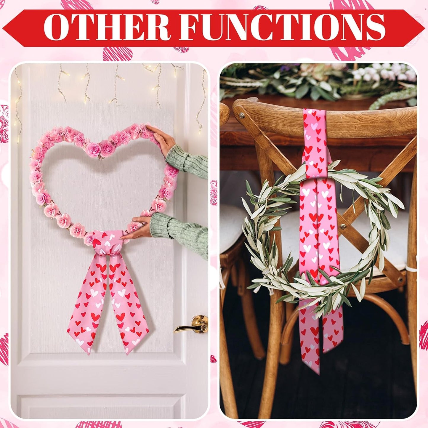 Skiennix Wreath Sash - Satin Blank Sashes for Embroidery | Romantic Heart Print, Red & Pink