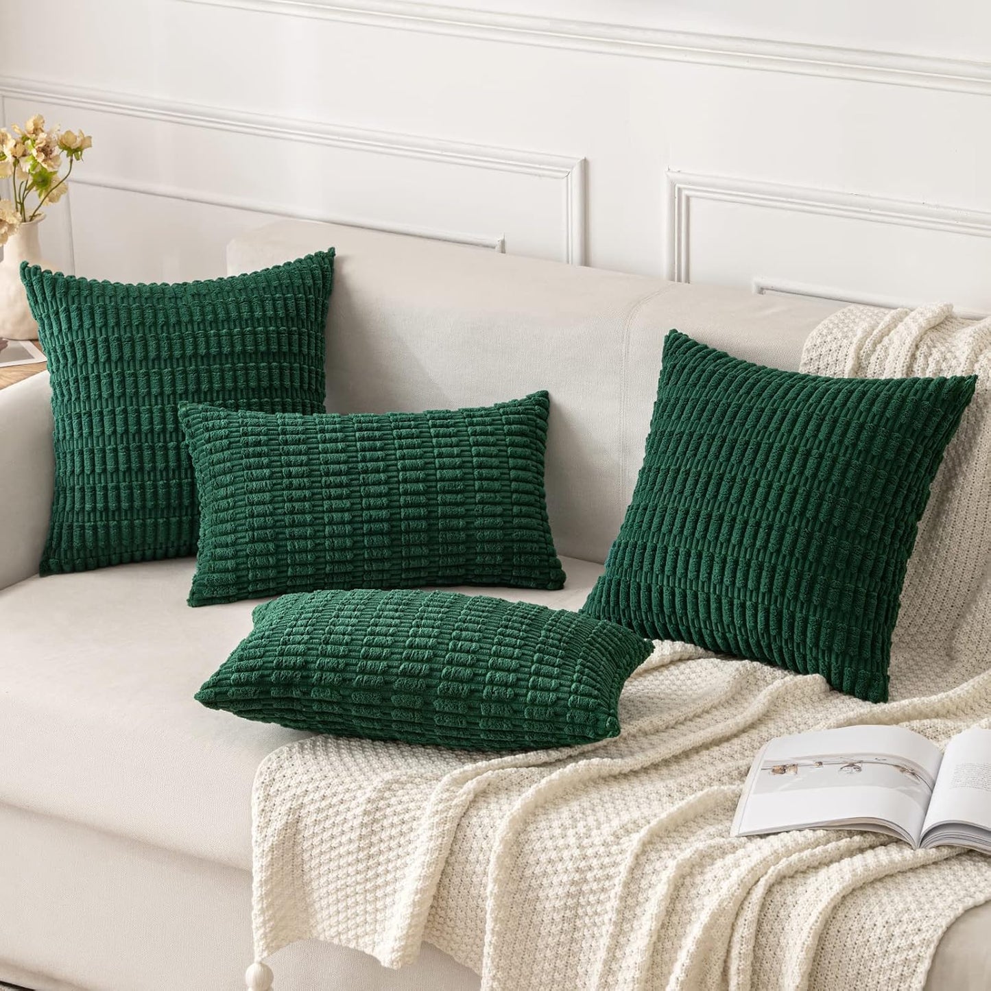 MIULEE Decorative Pillow Covers - Soft Dark Green Corduroy, 20x20 Inch | Boho Striped Design for Modern Home Decor