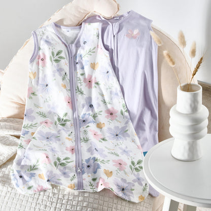 TILLYOU 2 Pack Baby Sleep Sack 6-12 Months 100% Cotton Wearable Blanket 0.5 TOG Sleeveless Summer Sleep Sacks with 2-Way Zipper, Brilliant Little Flowers and Purple