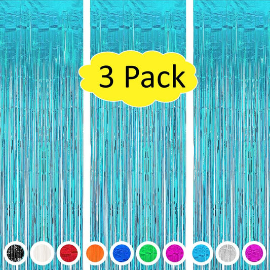 Skiennix Teal Blue Tinsel Foil Fringe Backdrop Curtains - 3PC Set for Birthday & Graduation Decor