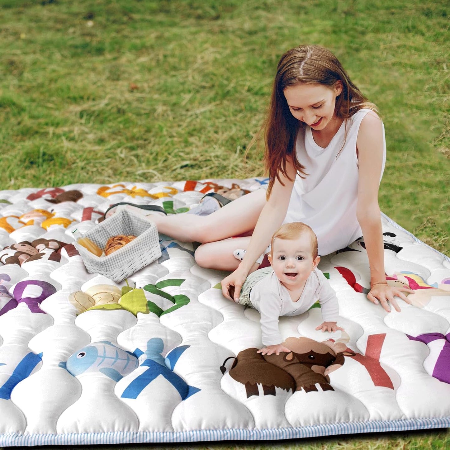 Skiennix Baby Play Mat - 50x50 Super Soft Activity Mat with Anti-Slip Bottom | Machine Washable, Animal Alphabets