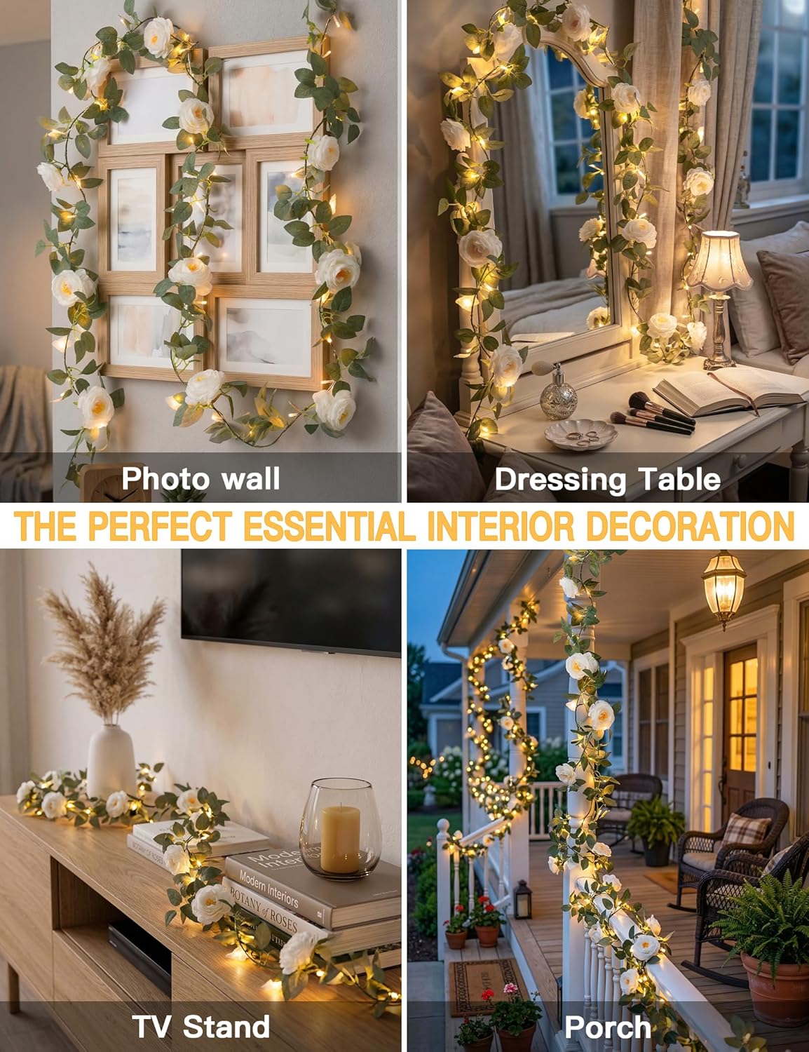 Suddus Flower Garland - 60 LED White Camellia Fairy Lights | Battery Operated with Remote for Indoor Decor