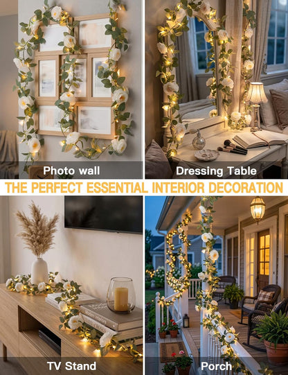 Suddus Flower Garland - 60 LED White Camellia Fairy Lights | Battery Operated with Remote for Indoor Decor