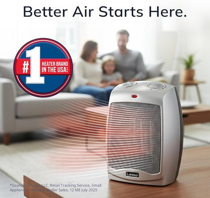Lasko Ceramic Space Heater - Adjustable Thermostat & 2 Heat Settings | 9.2 Inches, Silver