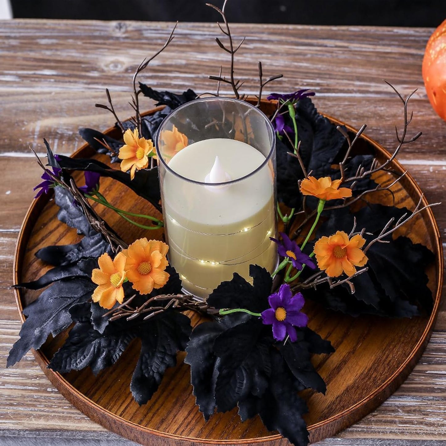 Skiennix Halloween Candle Rings - 2 Pack Artificial Leaves Wreaths for Festive Home Decor