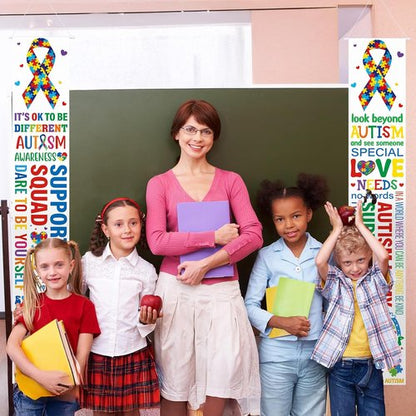 DoubleFill Autism Awareness Banners - 2 Pcs Puzzle Piece Door Decorations | Indoor/Outdoor Support Sign