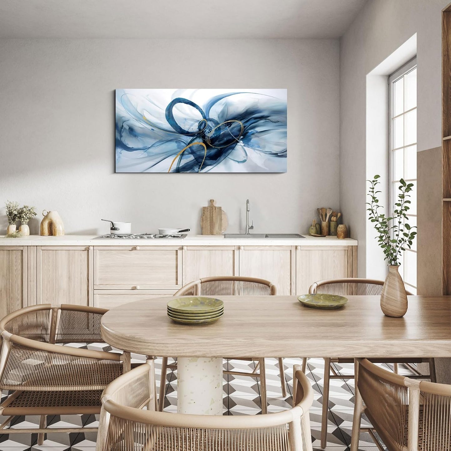 XLSJERST Abstract Wall Art - Large Blue and White Canvas for Modern Minimalist Home Decor | 40x20 Inches