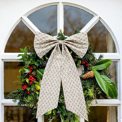 HunnmingRe Christmas Wreath Sash - 24 x 16 Inch Driftwood Block Print with Floral Burlap Bow - Beige