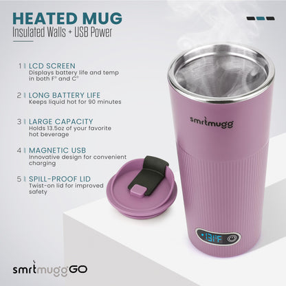 SMRTMUGG GO Heated Coffee Mug, Travel Mug, 13.5 OZ. Smart Mug, Battery Powered Heated Coffee Mug, Great for Coffee and Tea, Snap on Magnetic Charging Cord, New and Improved (Lilac)