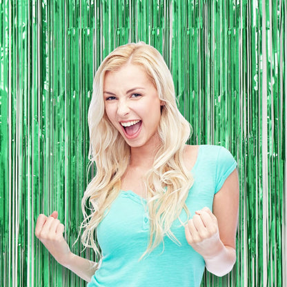 Voircoloria Laser Green Foil Fringe Backdrop Curtains - 3 Pack Tinsel Streamers for Parties & Events
