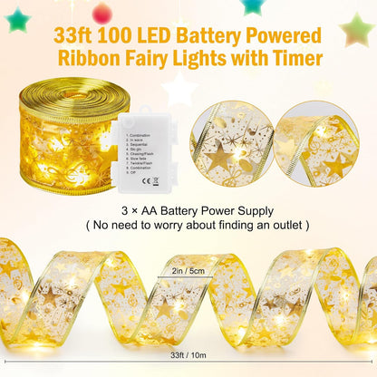 Minetom Christmas Tree Ribbon Lights - 33ft 100 LED Battery-Powered Fairy Lights | 8 Lighting Modes, Gold