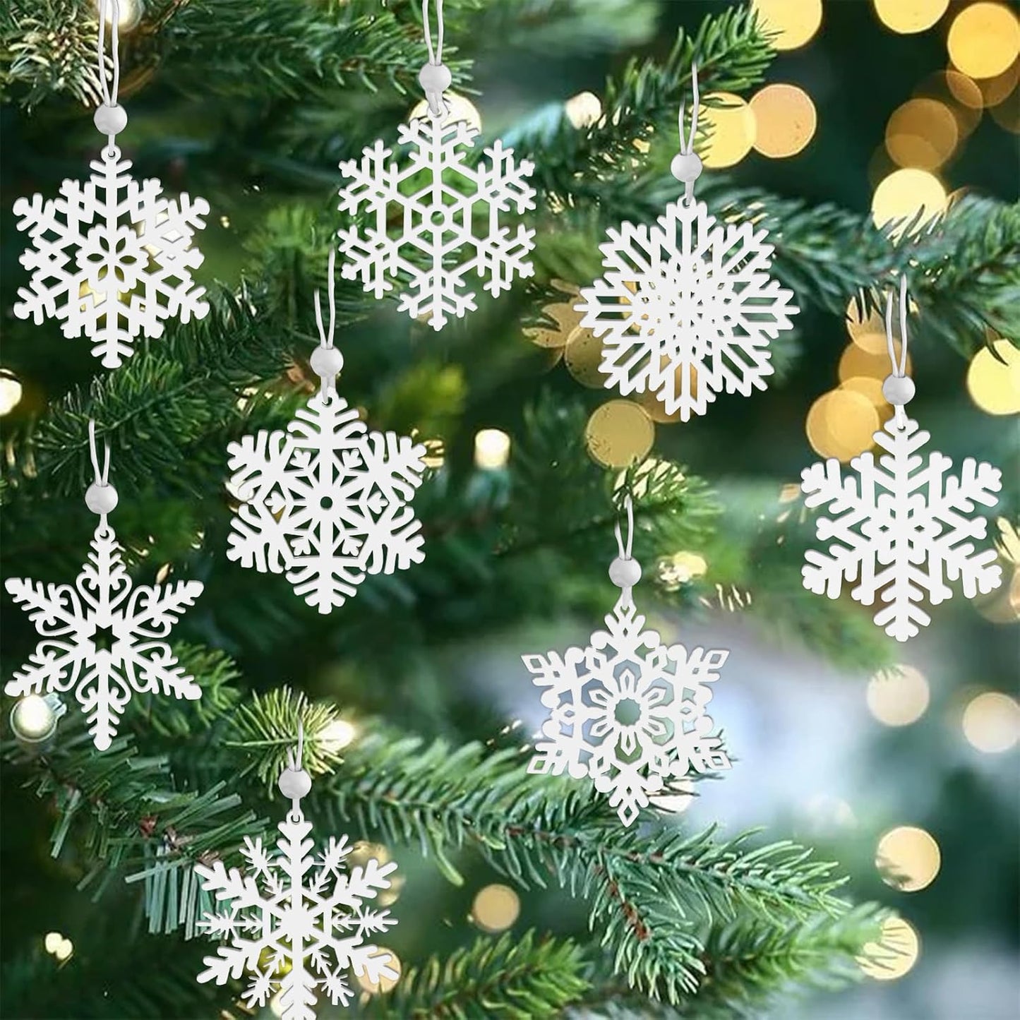 MEMOVAN 16PCS White Snowflake Ornaments - Wooden Hanging Decorations for Christmas Tree & Holiday Crafts