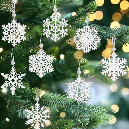 MEMOVAN 16PCS White Snowflake Ornaments - Wooden Hanging Decorations for Christmas Tree & Holiday Crafts