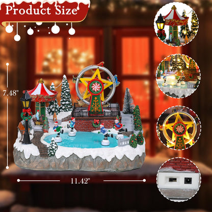 Christmas Village House Musical Christmas Collectible Buildings Amusement Park Carousel Skating Ferris Wheel with LED Lights Christmas Vacation Village with USB Indoor Figurines Decoration