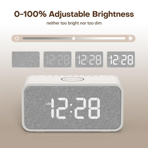 ANJANK Wooden Alarm Clock Radio with Bluetooth Speaker, Wireless Charging Station for iPhone/Samsung, Dual Alarms, Auto-sync Time, 0-100% Dimmer, Digital Clock for Bedrooms Bedside Desk