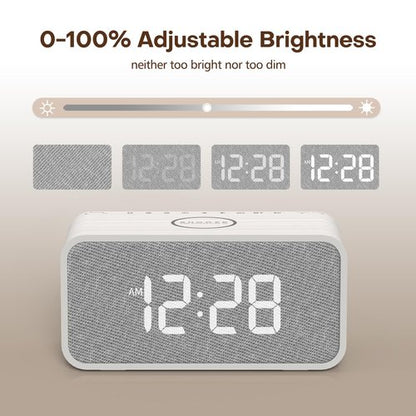 ANJANK Wooden Alarm Clock Radio with Bluetooth Speaker, Wireless Charging Station for iPhone/Samsung, Dual Alarms, Auto-sync Time, 0-100% Dimmer, Digital Clock for Bedrooms Bedside Desk
