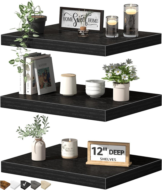 QEEIG Floating Shelves - 12" Deep Wall-Mounted Bookshelf Set of 3 for Bathroom, Kitchen, Living Room - Black