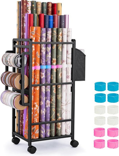 Aquzee Gift Wrapping Paper Organizer - Vertical Storage Cart with 9 Adjustable Rods & Ribbon Holders - Black