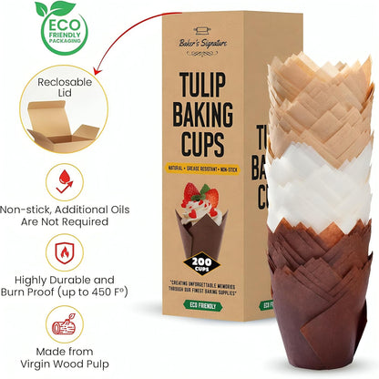 Baker’s Signature Tulip Cupcake Liners - 200 Pcs Sturdy Greaseproof Muffin Baking Cups | Beige, White, Brown