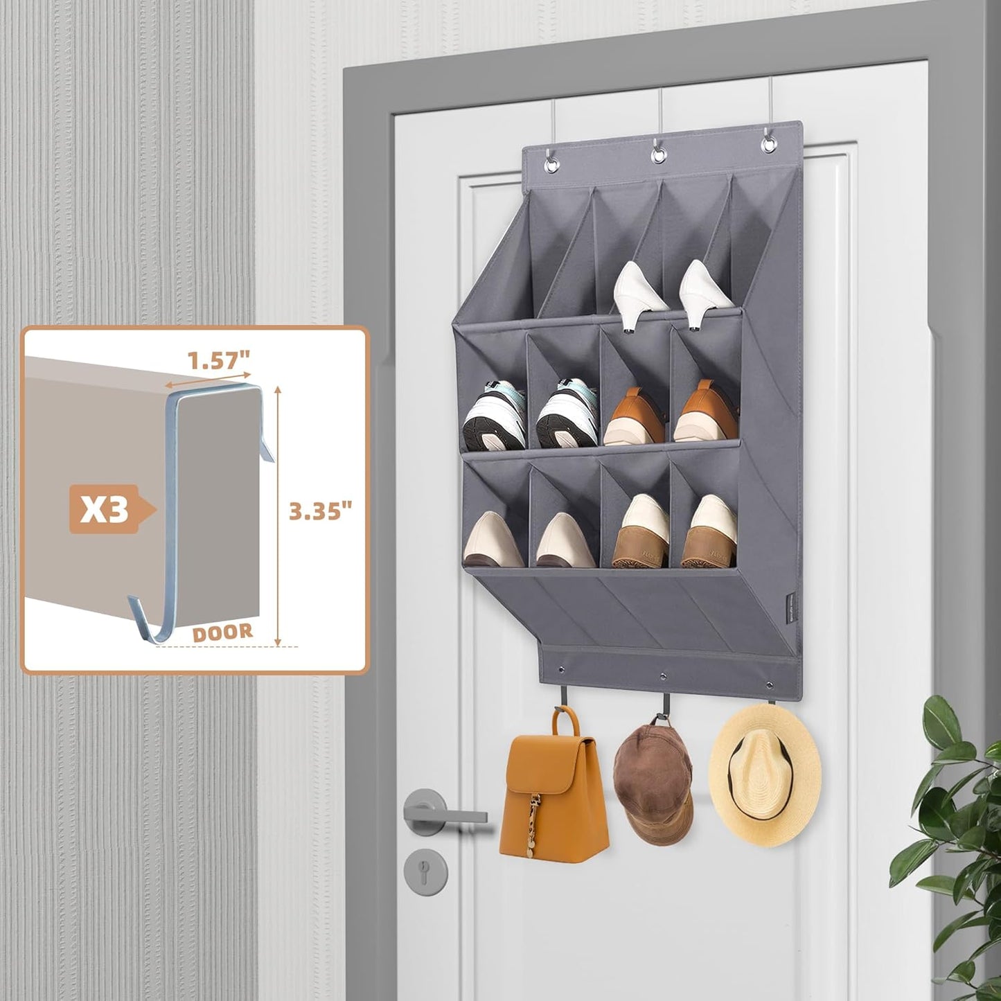 Storage Maniac Over Door Shoe Organizers - 12 Large Pockets for Closet & Dorm | Grey Hanging Rack