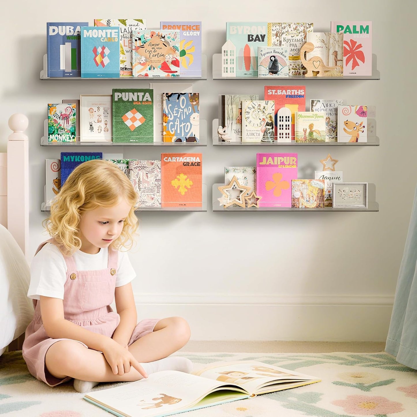 Upsimples 6 Pack Acrylic Floating Shelves - 15" x 4" Wall Storage for Kids' Rooms & Home Decor | Clear Display Shelf
