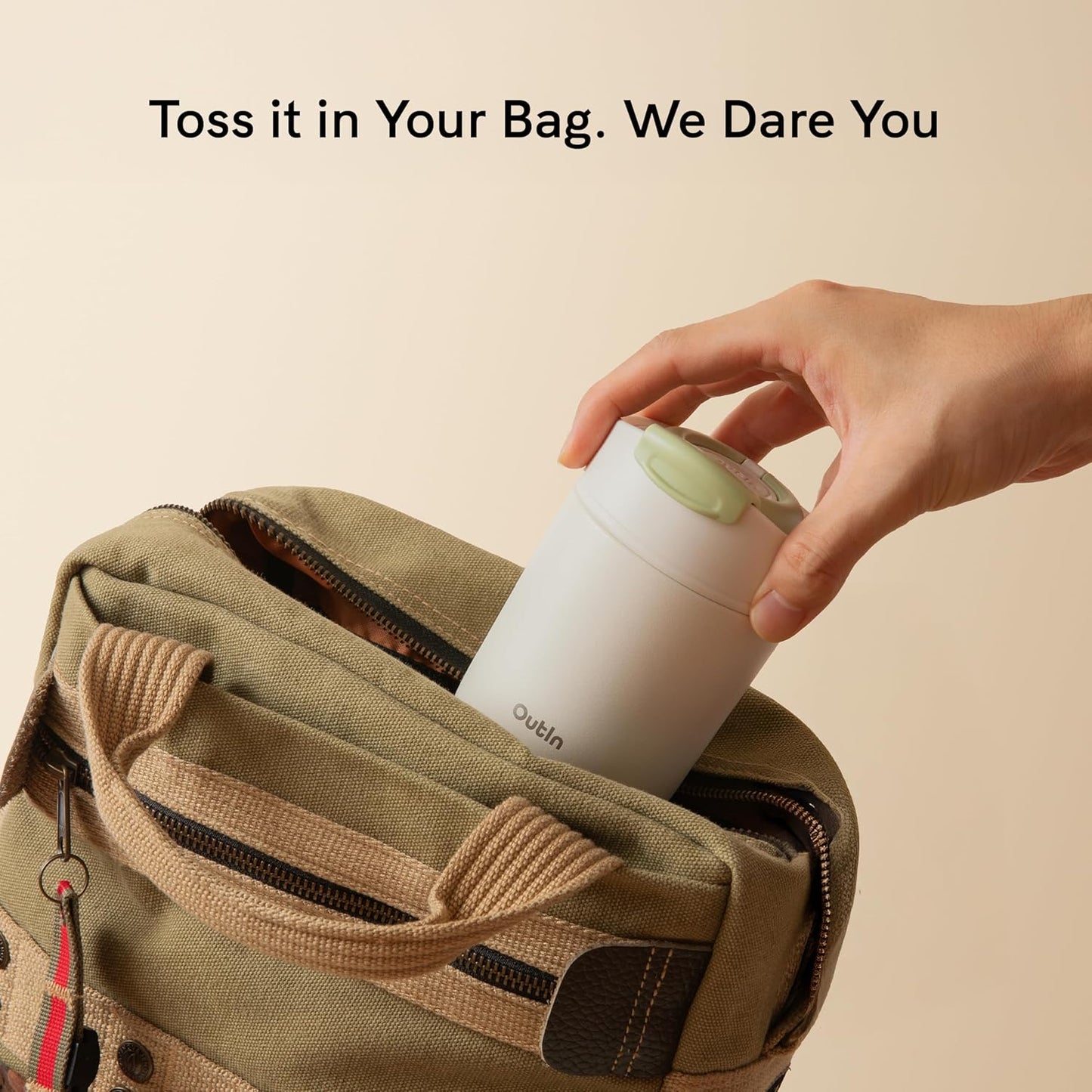 OutIn Travel Tumbler - Insulated 12 oz Coffee Mug with Leak-Proof Flip Lid | Sand White