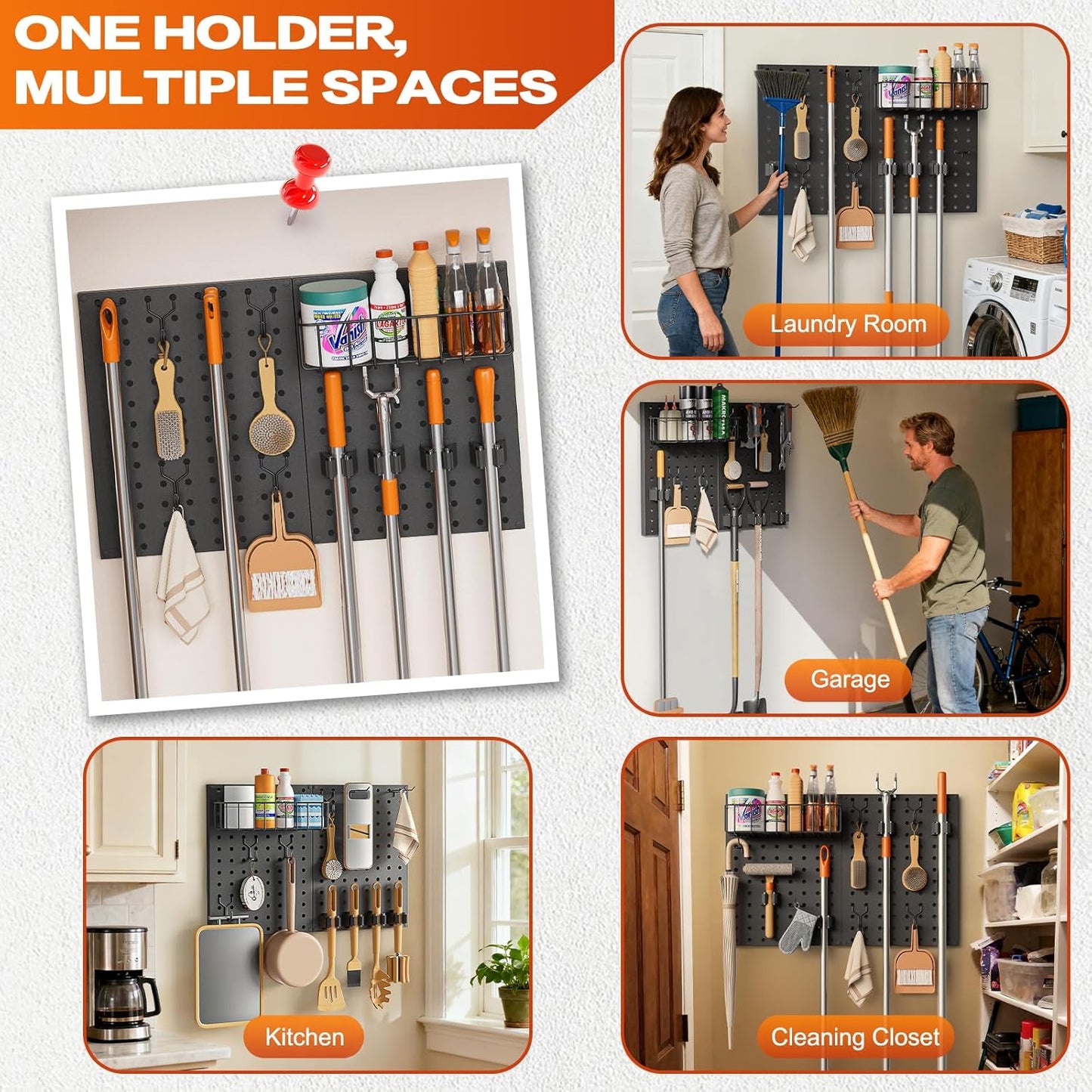 Peg Board Wall Organizer by Broom Holder - Mop Hanger with Gripper Hooks & Basket for Laundry Room Storage