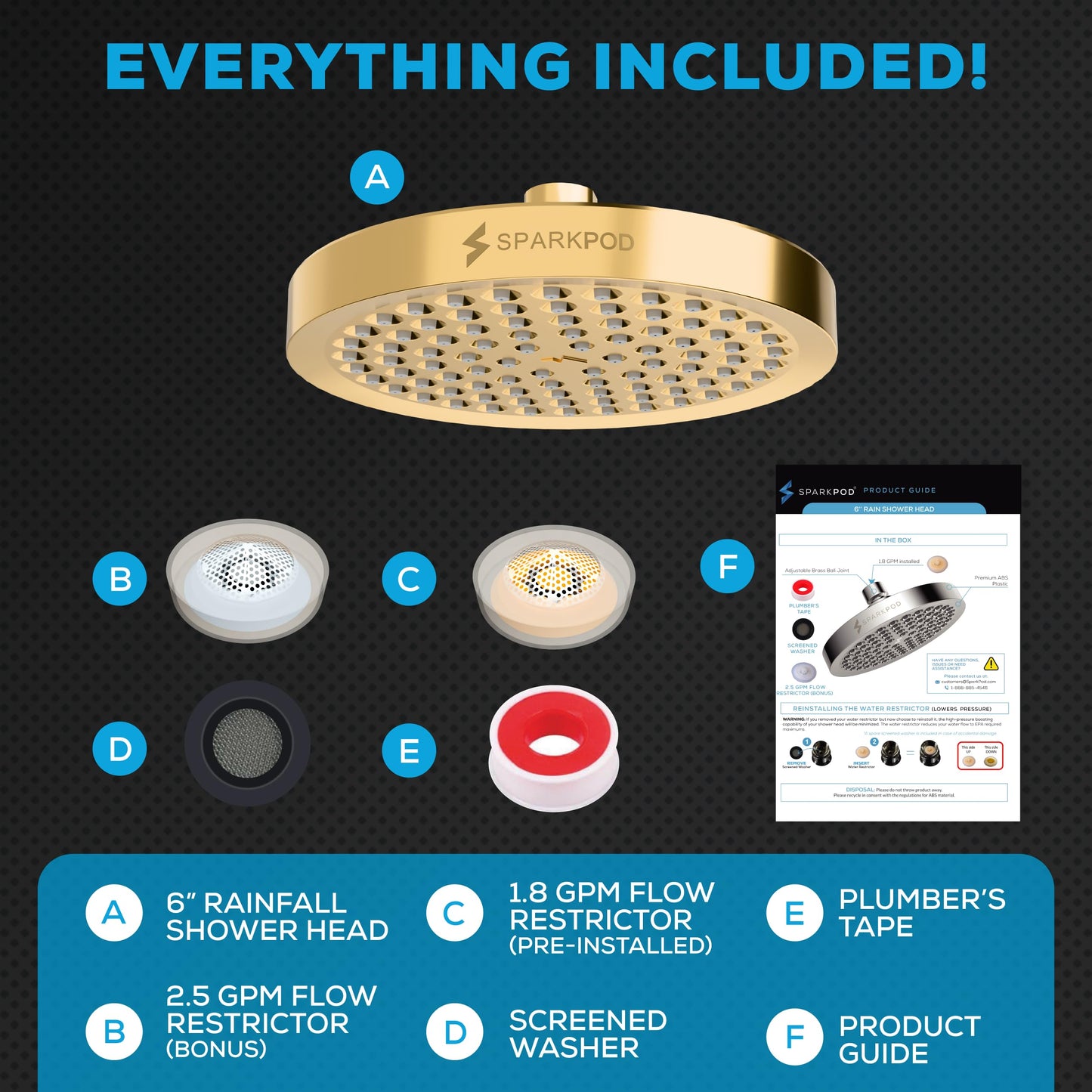 SparkPod Shower Head - High Pressure Rain - Premium Quality Luxury Design - Easy Clean Adjustable Replacement for Your Bathroom Shower Heads (Egyptian Gold, 6 Inch Round)