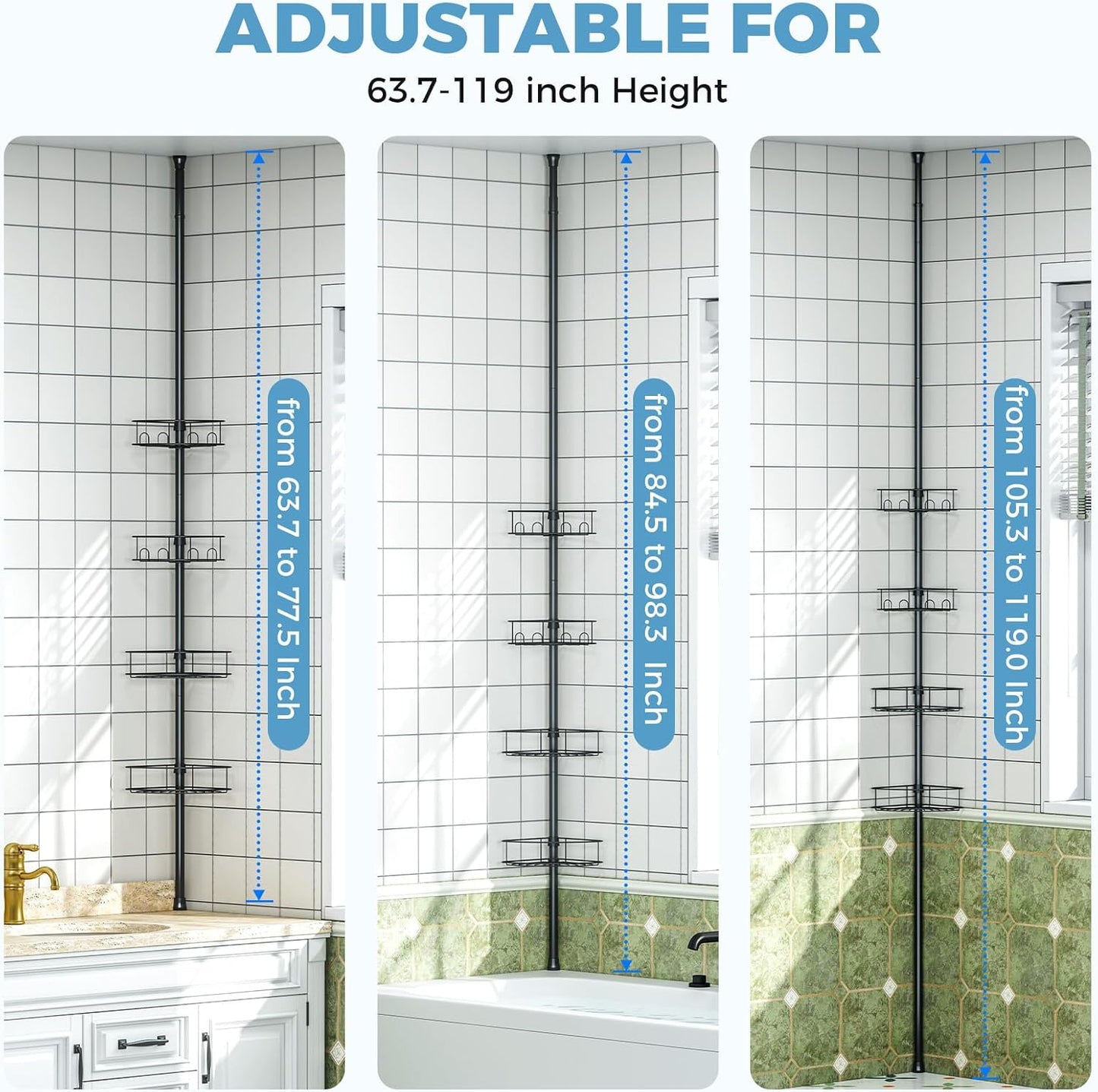 Skiennix Corner Shower Caddy - 4-Tier Adjustable Bathroom Organizer with Hidden Hook & Towel Holder | 63.7-119 Inch, Black