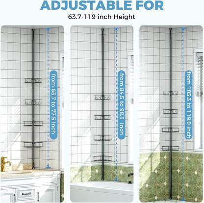 Skiennix Corner Shower Caddy - 4-Tier Adjustable Bathroom Organizer with Hidden Hook & Towel Holder | 63.7-119 Inch, Black