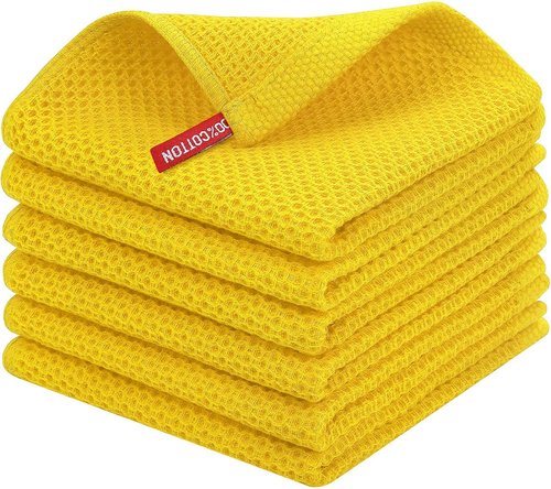 Homaxy Kitchen Dish Cloths - Ultra Soft 100% Cotton Waffle Weave, Quick Drying, 12x12 Inches, 6-Pack, Yellow