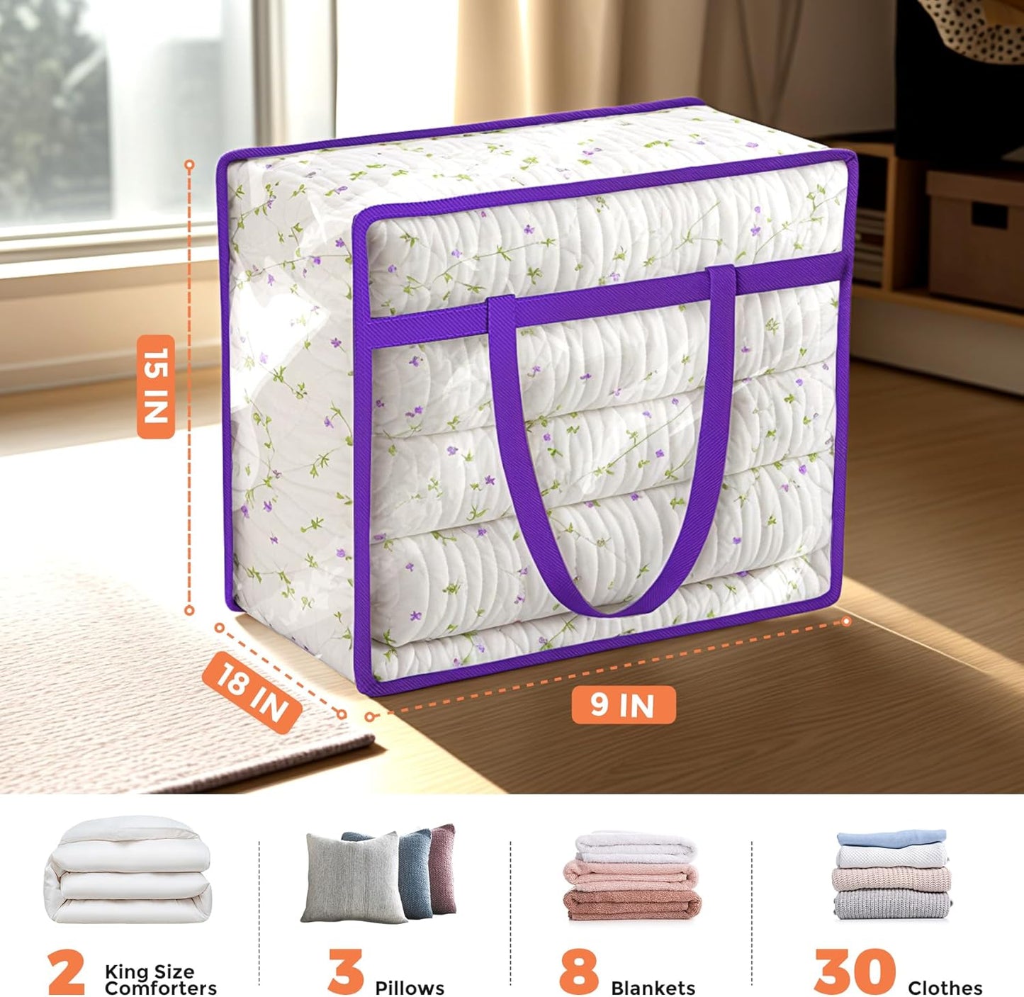 Budding Joy Clear Zippered Storage Bags - 6 Pack 40L Closet Organizers for Bedding, Clothes & Toys