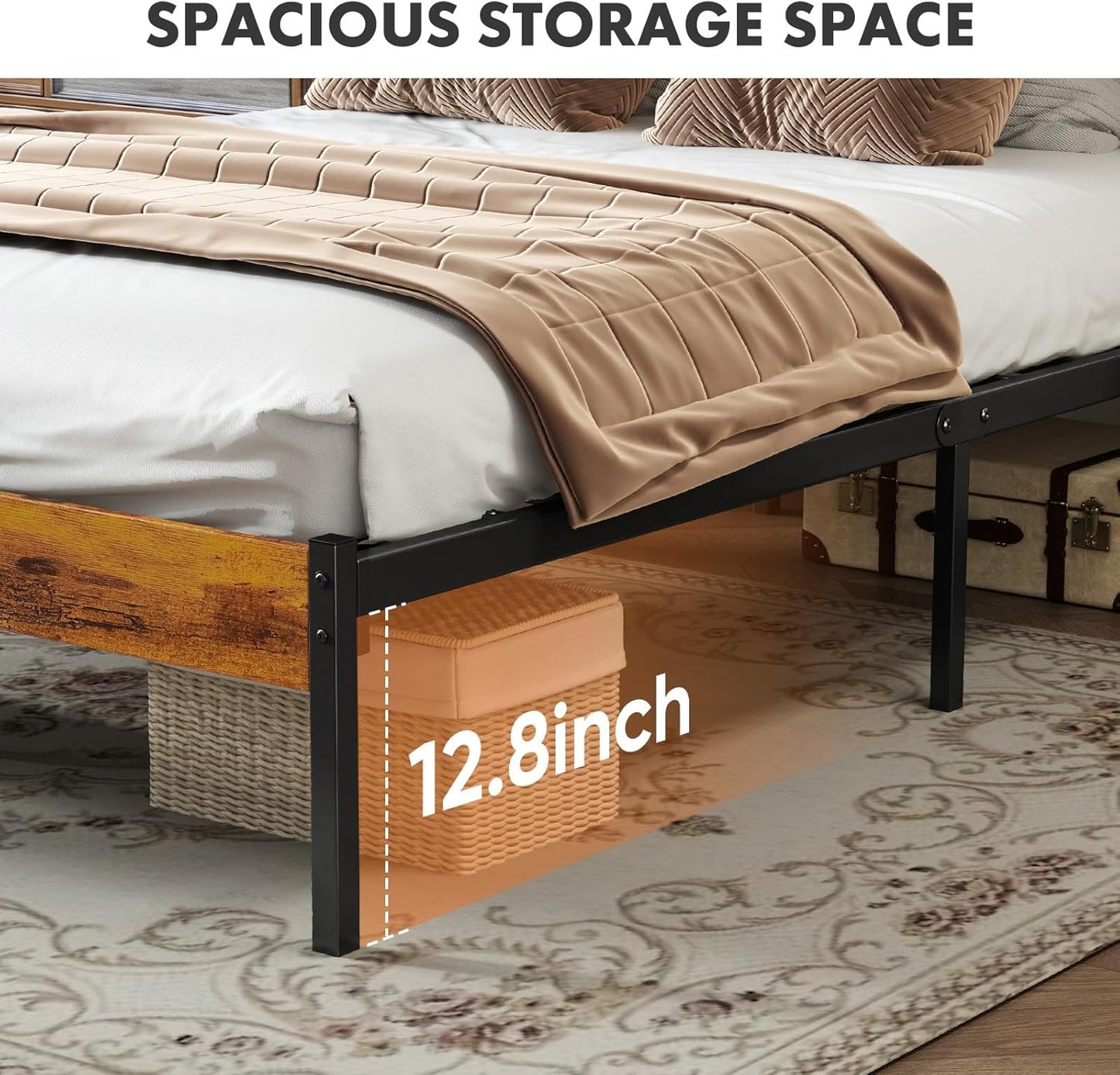 Sweetcrispy Queen Size Bed Frame - Sturdy Metal Support with Headboard & Under Bed Storage, Rust Brown