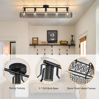 Garwarm 5-Light Black Dining Room Light Fixture, Farmhouse Flush Mount Ceiling Light, Industrial Kitchen Light Fixtures Ceiling Mount for Living Room Bedroom Cafe