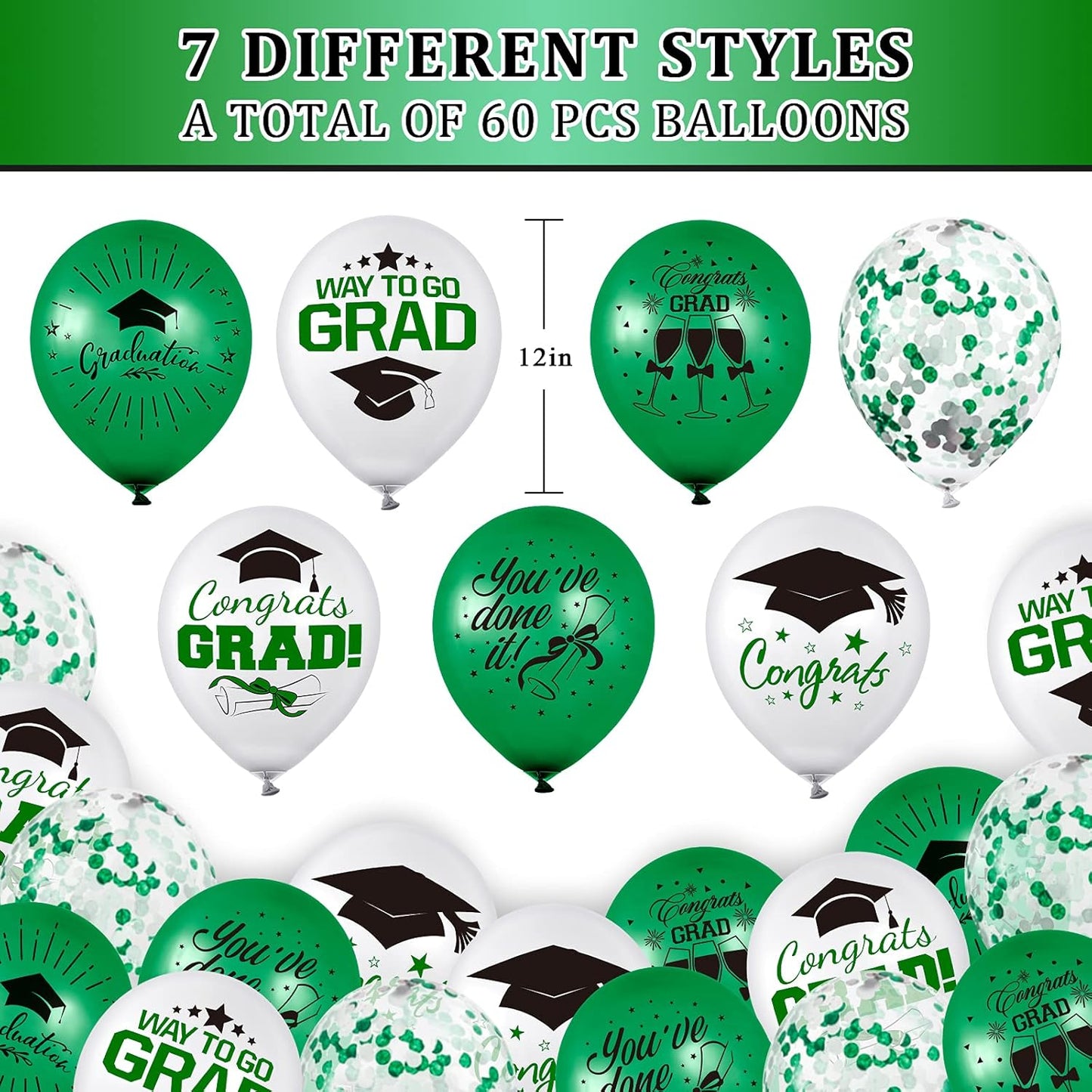 Whaline Graduation Party Balloon Set - 60 Pcs in Green & White with Confetti | Includes 2 Rolls of Ribbon