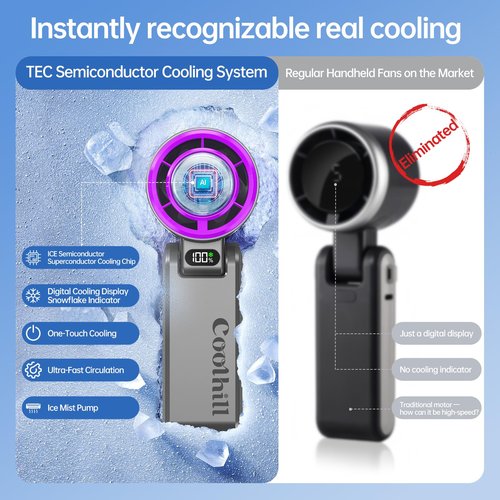 Coolhill Handheld Portable fan with Turbo Cooling - Hand Held Fan Rechargeable, 1-100 Speeds, Up to 12Hrs Battery Life, Powerful Mini Personal fan for Travel, Outdoor, Beach & Makeup