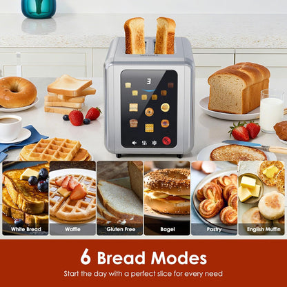 WHALL Touch Screen Toaster - 2 Slice Stainless Steel with Digital Timer & 6 Shade Settings | Extra Wide Slot, Silver
