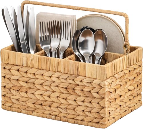 Best Choice Products Utensil Caddy - Woven Wicker 4-Compartment Organizer for Kitchen & Parties | Natural