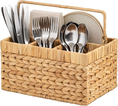 Best Choice Products Utensil Caddy - Woven Wicker 4-Compartment Organizer for Kitchen & Parties | Natural