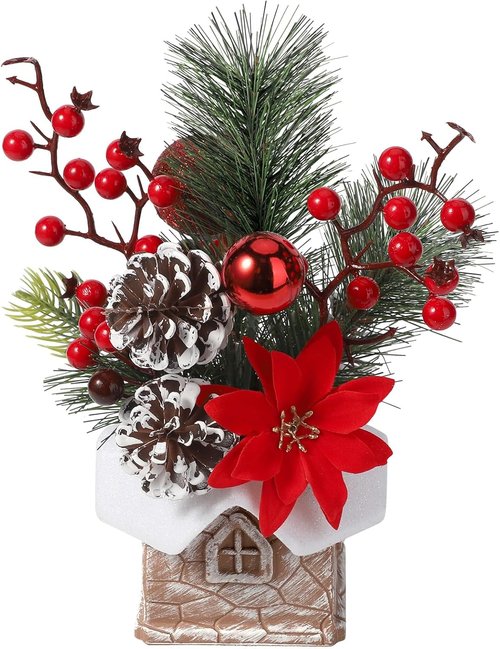 Hatisan Artificial Christmas Tree - Small Tabletop Design with Ornaments & Pine Cones | Red for Holiday Decor