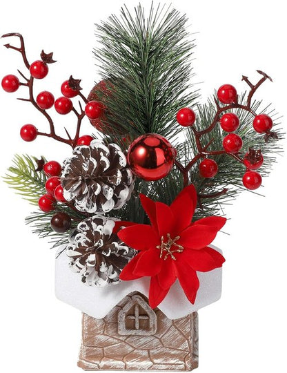 Hatisan Artificial Christmas Tree - Small Tabletop Design with Ornaments & Pine Cones | Red for Holiday Decor