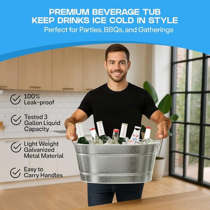 2 Pack Galvanized Tub with Handles - Beverage Tub with 2 Ice Scoops, 3 Gallon Ice Bucket for Parties, Metal Drink Buckets for Parties for Champagne Cocktails Wine Cooling for Mimosa Bar Supplies