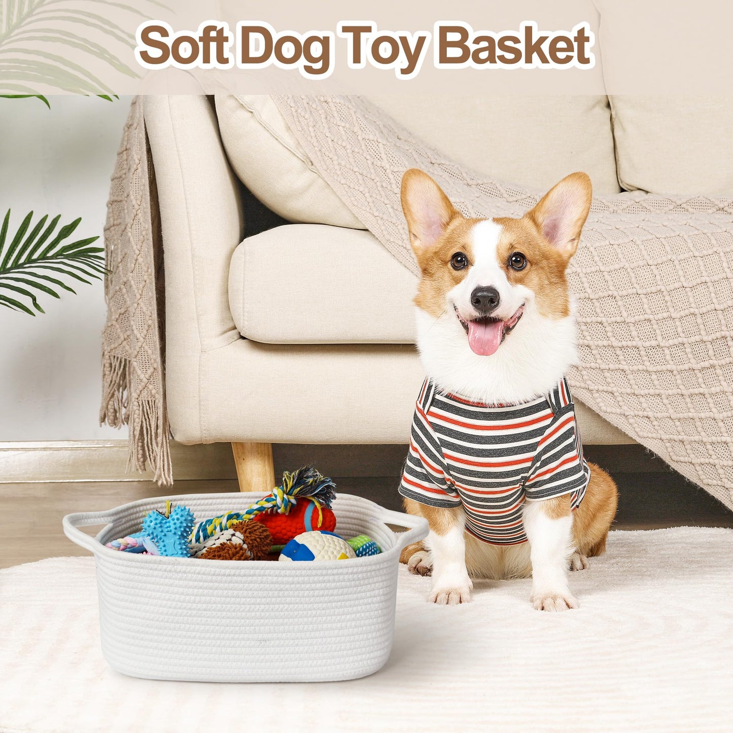 WILLITAT Cute White Woven Basket, Empty Gift Basket for Christmas, Thanksgiving, Easter, Birthday, Cotton Rope Storage Bin with Handle for Gifts, Toy, Blanket, Cat Dog Toy Box, Baby Nursery Organizer