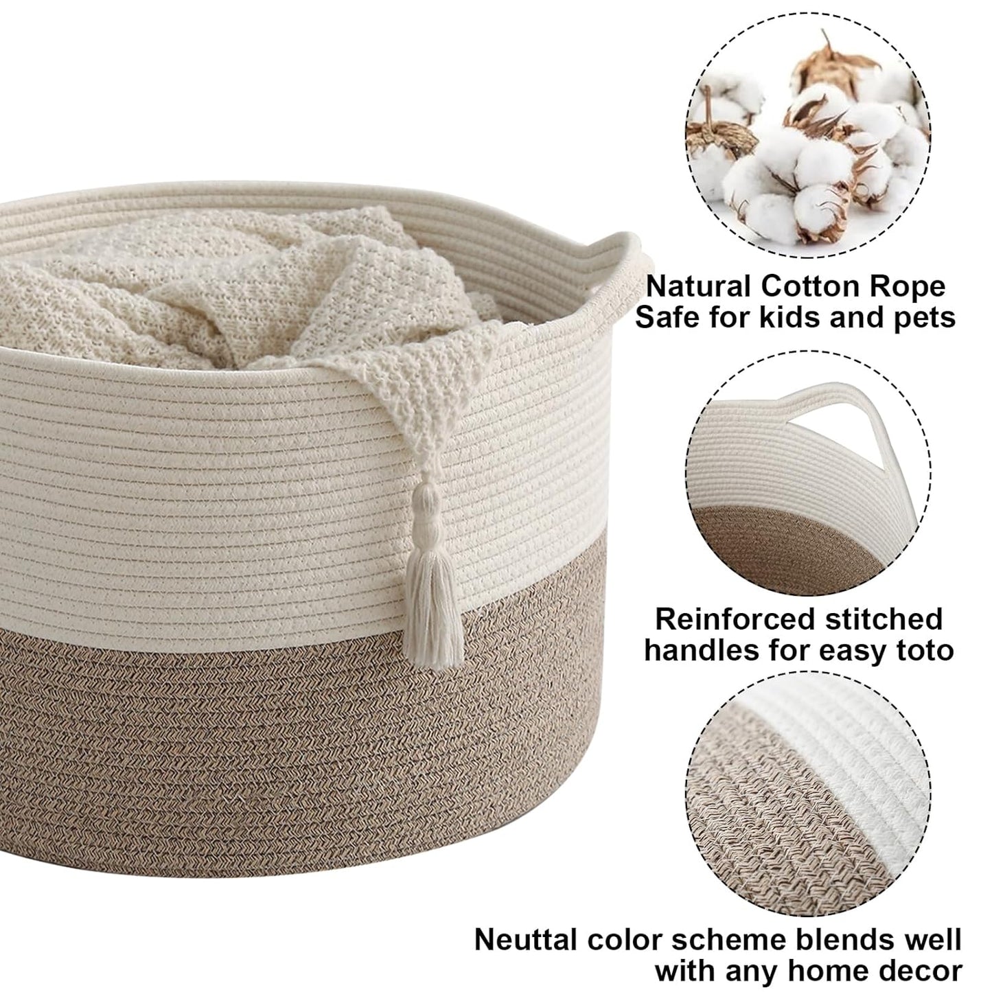 Skiennix 65L Large Woven Cotton Rope Basket - Stylish Laundry Hamper for Bedroom & Living Room | White & Brown