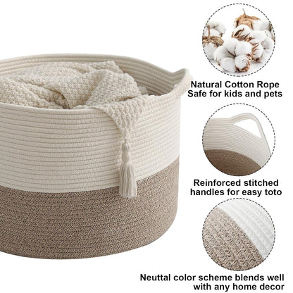 Skiennix 65L Large Woven Cotton Rope Basket - Stylish Laundry Hamper for Bedroom & Living Room | White & Brown