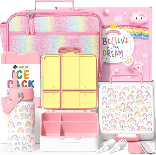 Fimibuke Kids Bento Lunch Box Set - 4 Compartments with Insulated Bag, Water Bottle & Utensils | Perfect Birthday Gift for Ages 3-12