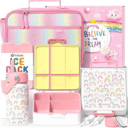 Fimibuke Kids Bento Lunch Box Set - 4 Compartments with Insulated Bag, Water Bottle & Utensils | Perfect Birthday Gift for Ages 3-12